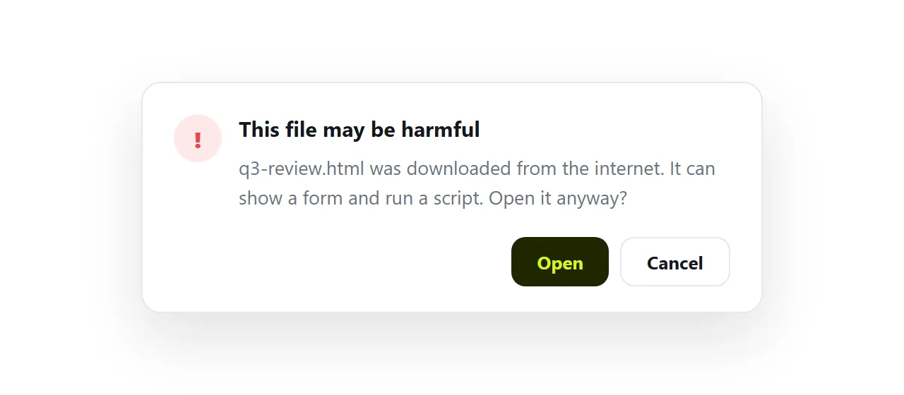 The warning when opening a downloaded HTML file. It is about what any HTML file could do, not yours.