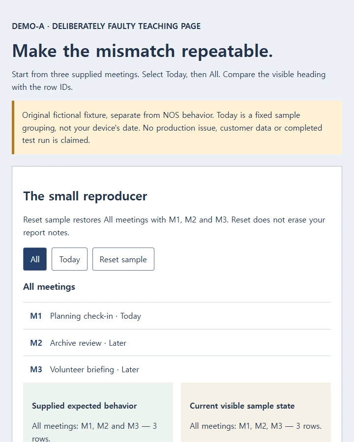 A deliberately faulty meeting-list sample beside an exact reproduction report