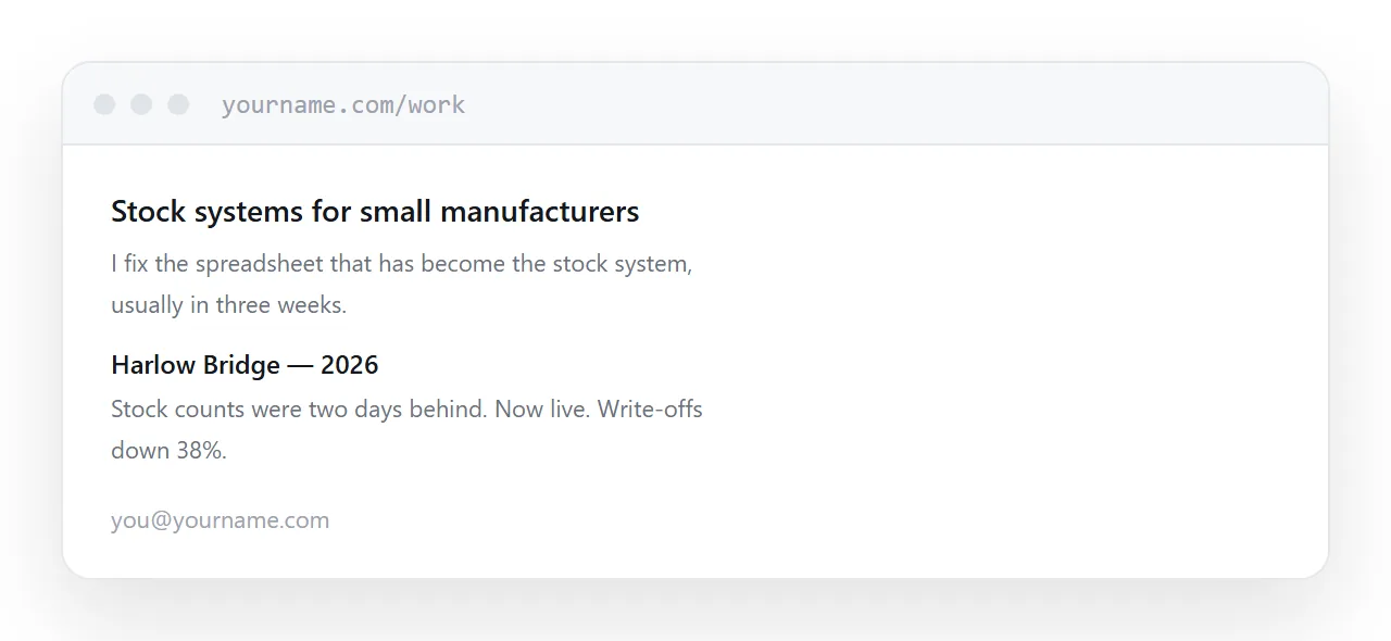 A finished page with heading, work example and contact, at phone width.