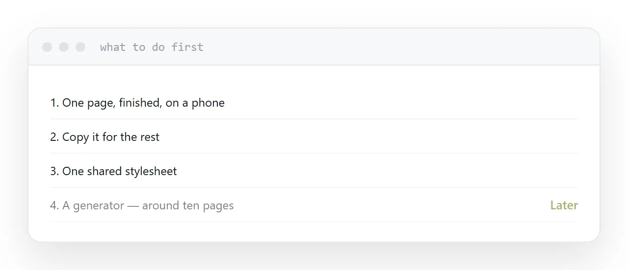 A build order starting from one finished page rather than a toolchain.
