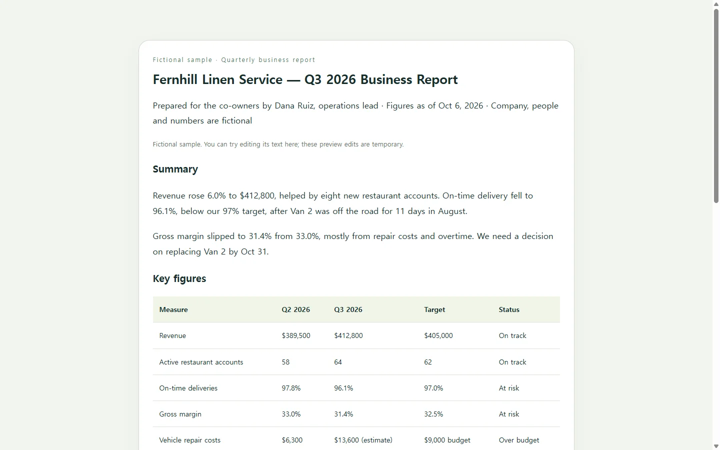 Fernhill Linen Service — Q3 2026 Business Report — fictional sample