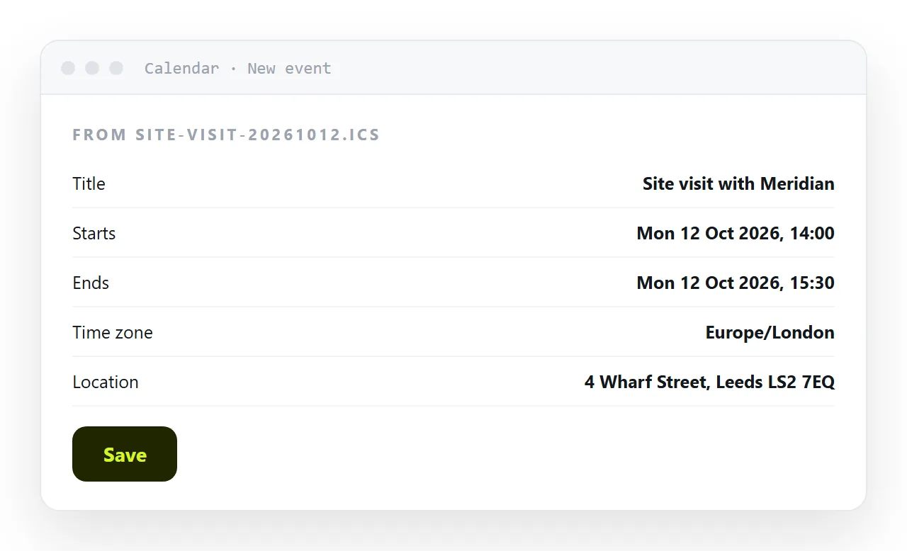 The .ics download opening in a calendar application with the fields already filled.