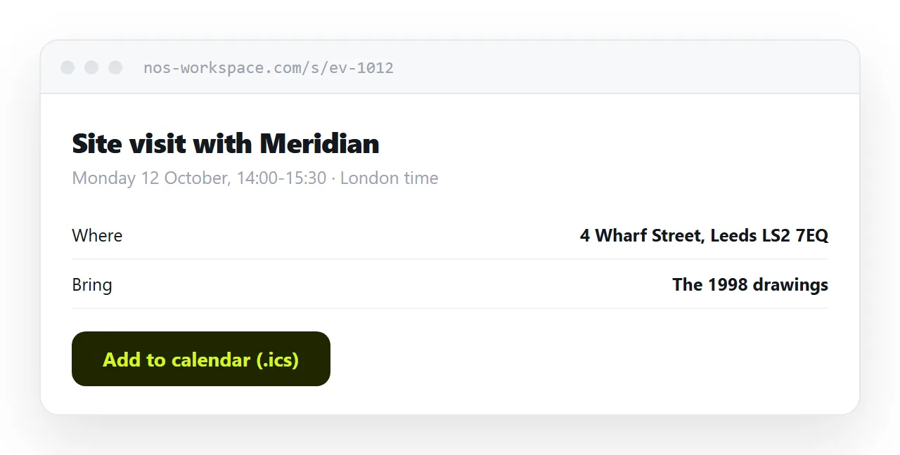 An event page. Date and time with the zone named, location, and an add-to-calendar download.