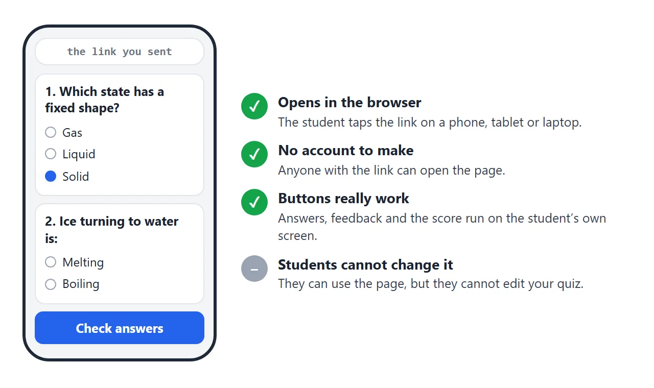 What a student sees after tapping the link.