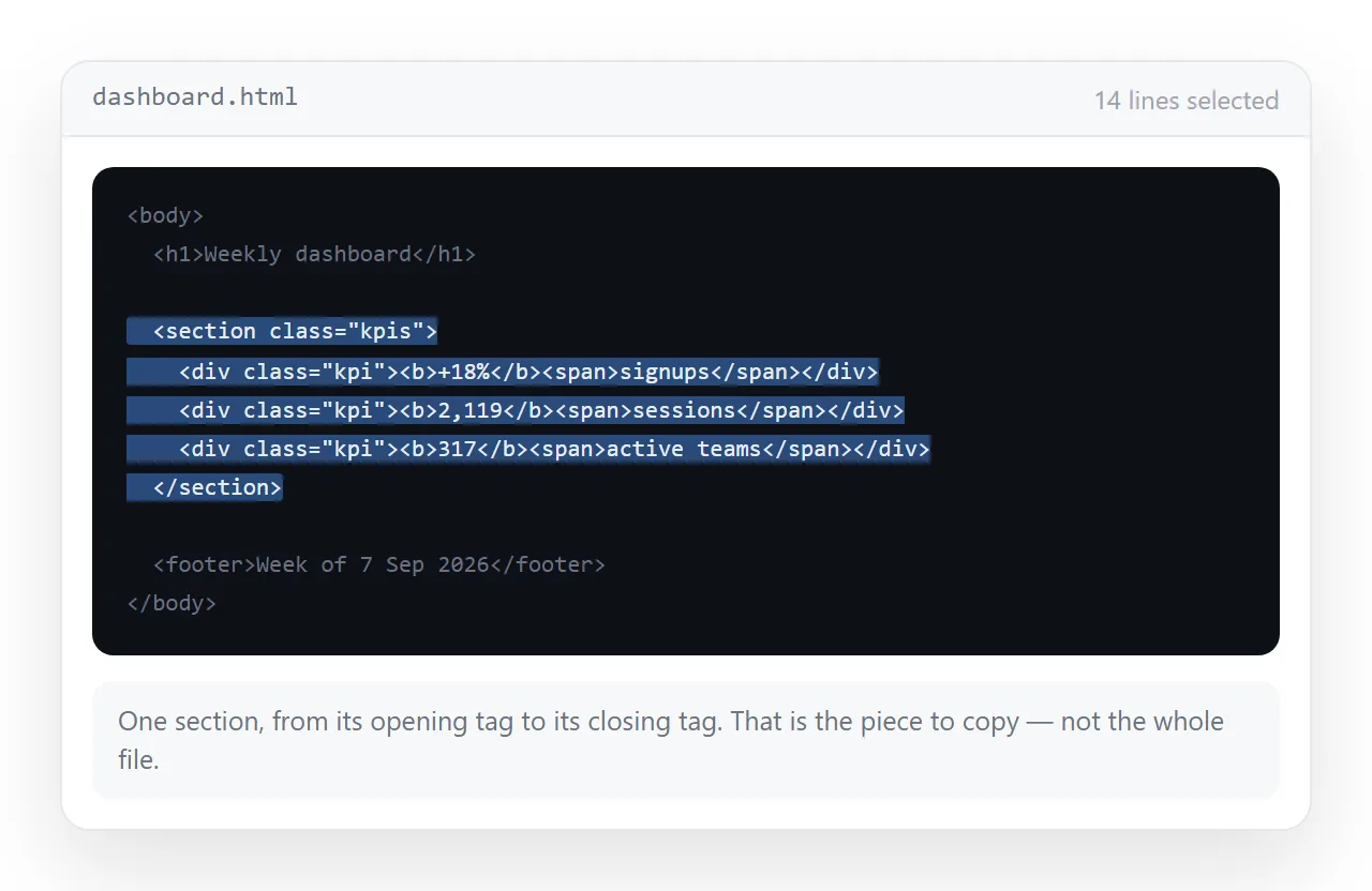 A code editor with one section of markup selected, ready to copy.