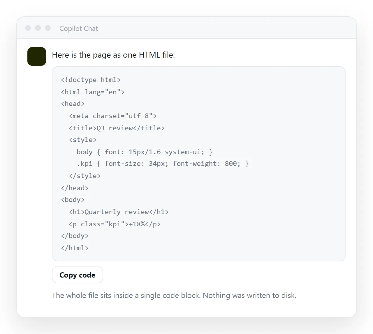 An HTML answer in a chat window, with the whole markup sitting inside one code block.