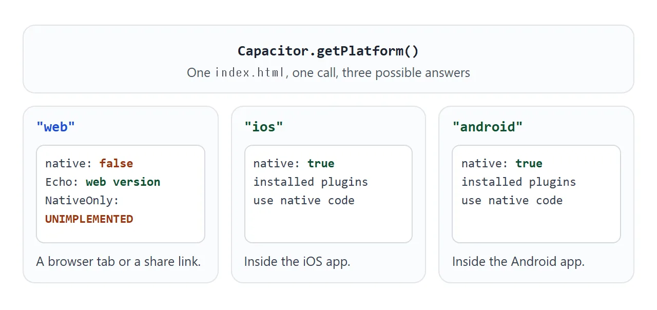 One call, three possible answers. A plugin with no web version fails on the web.