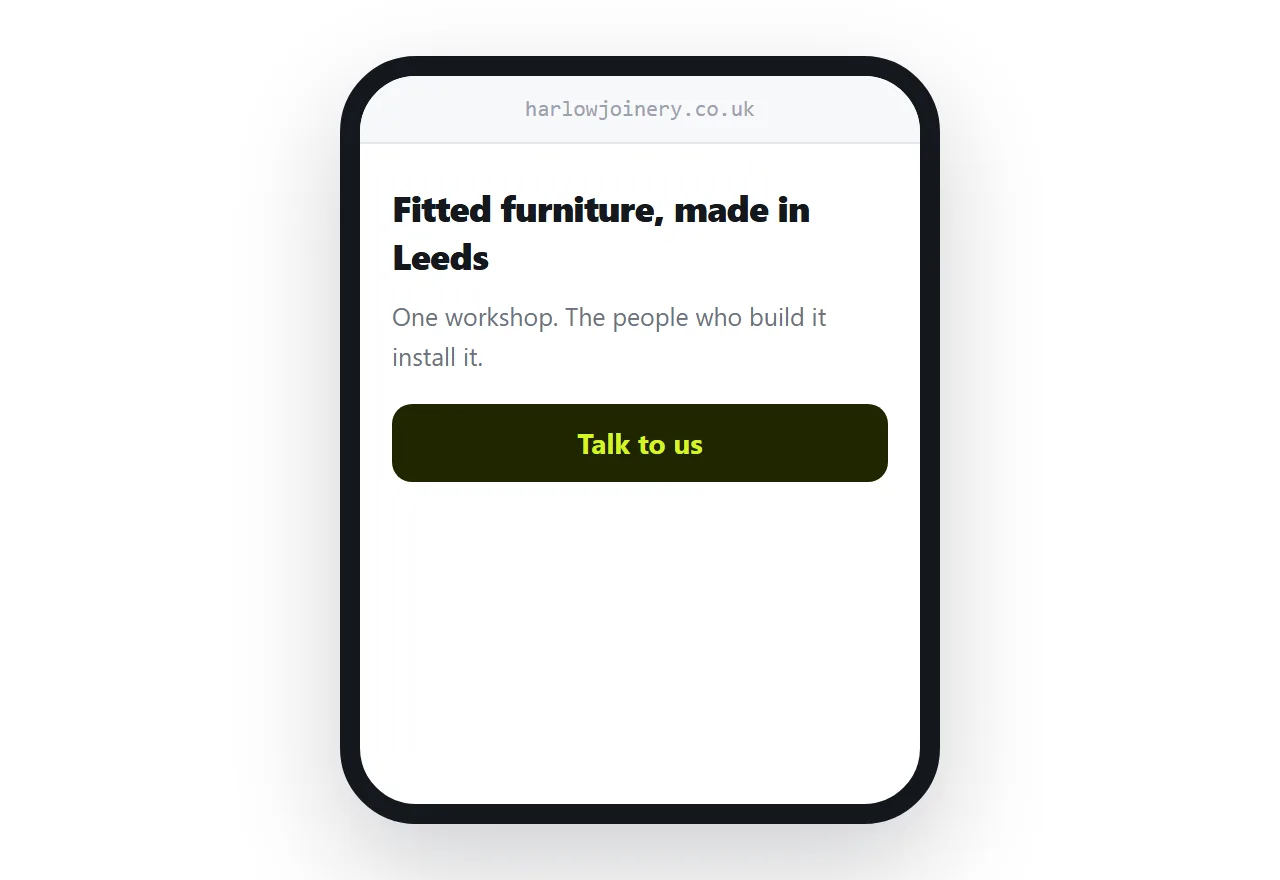 A one page site on a phone showing a heading, a short paragraph and a contact action.