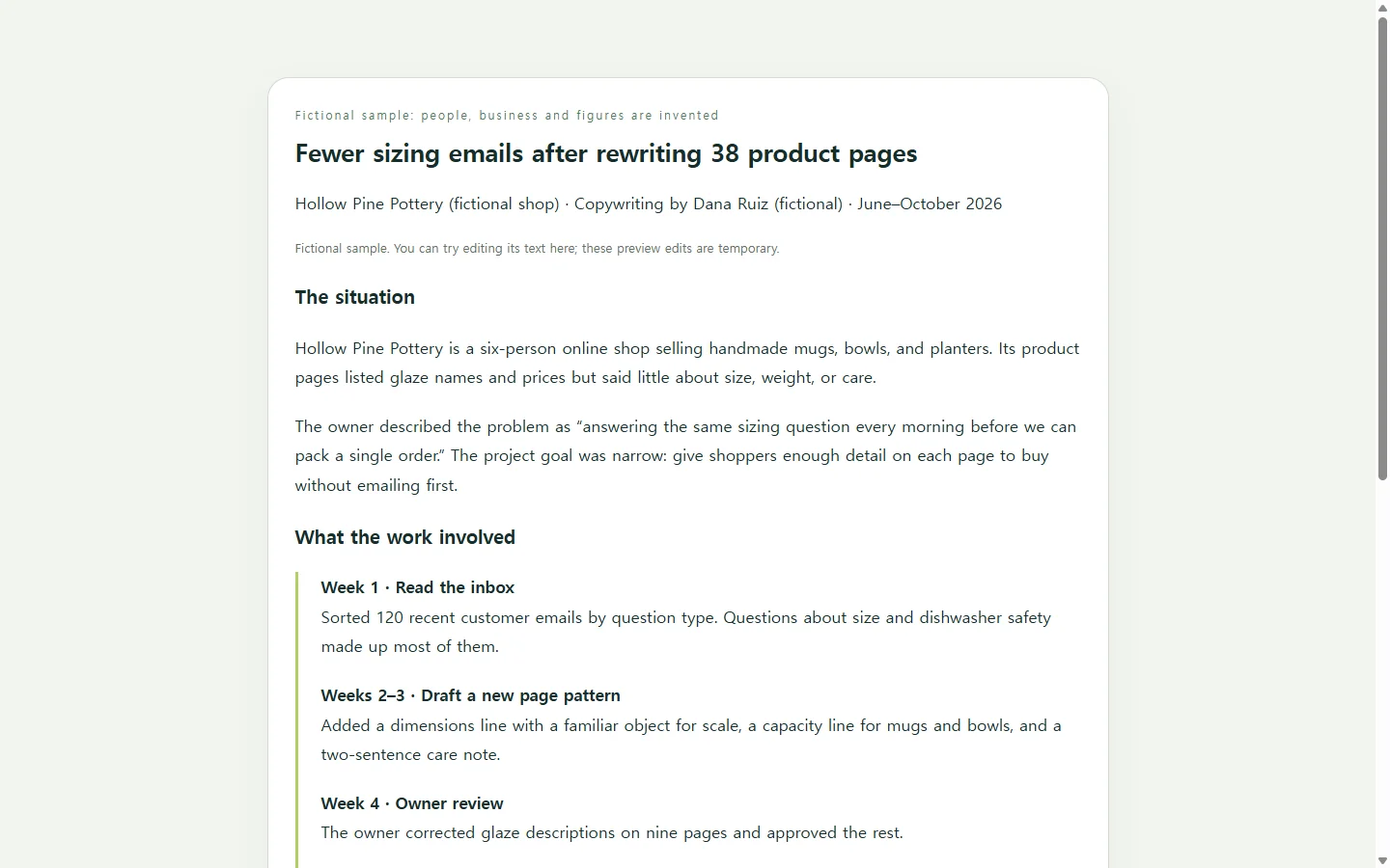 Fewer sizing emails after rewriting 38 product pages — fictional sample
