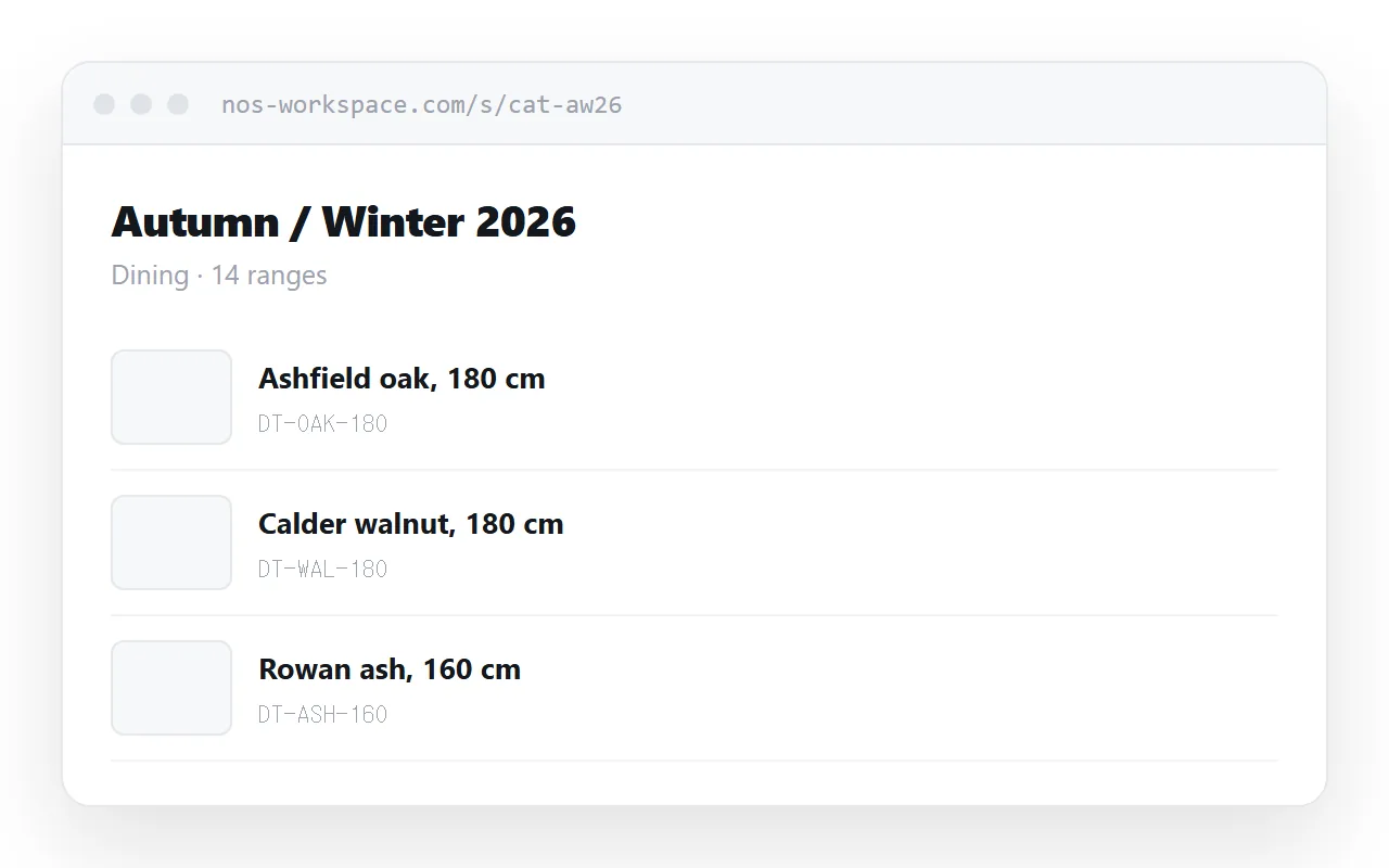 A catalogue in a browser. Product rows with a small image, name, code and short description.