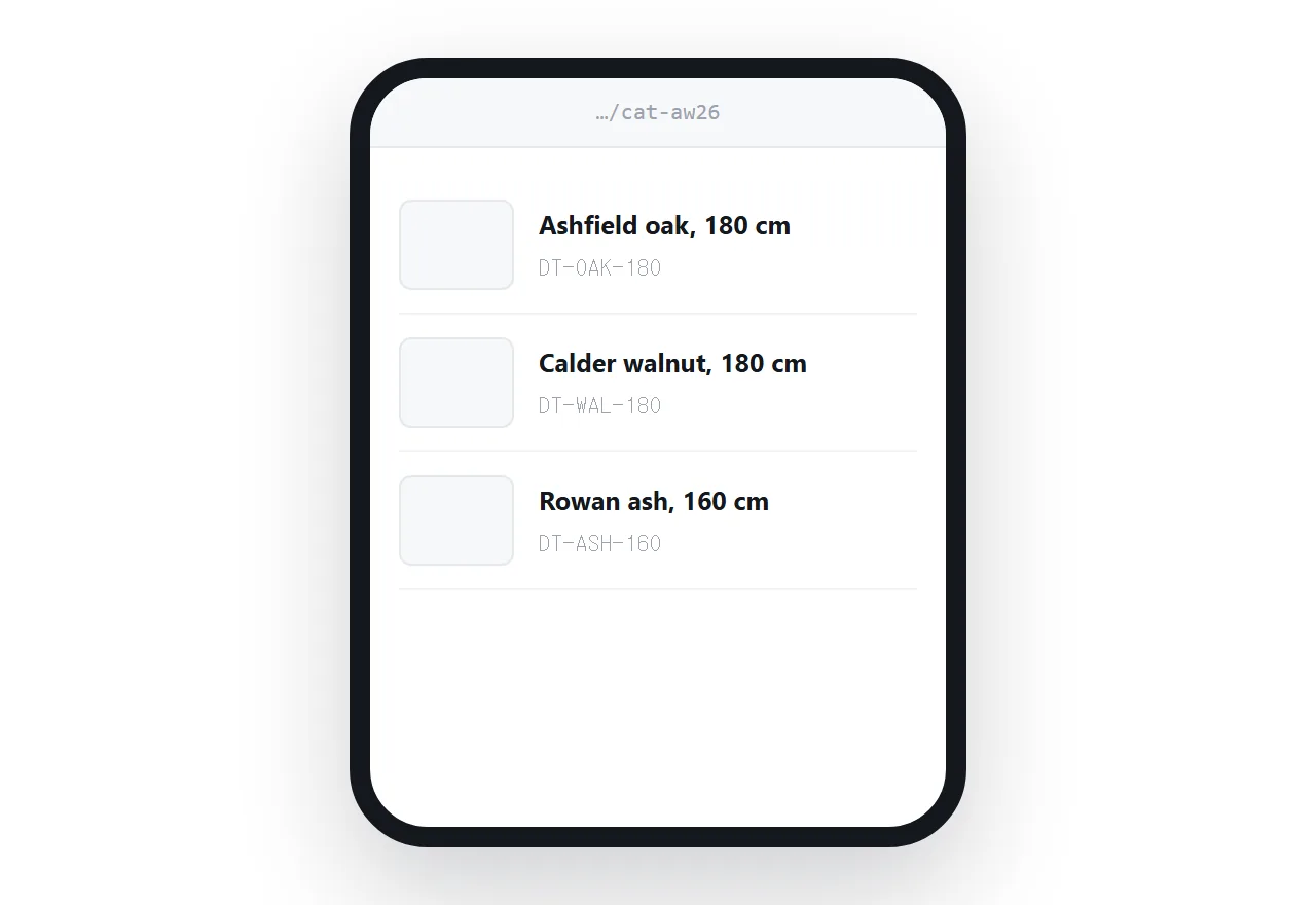 The same catalogue on a phone. One product per row, image left, name and code right.