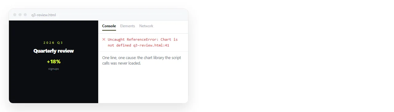 A browser console open beside the rendered page, showing a single script error line.