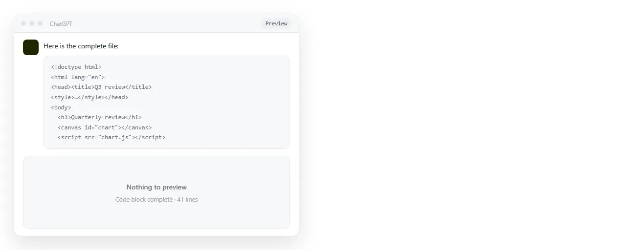 A chat window where the code block is complete but the preview area below it stays empty.