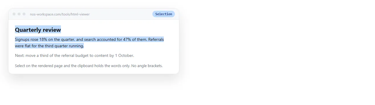 The same HTML rendered as a page. Selecting here copies the words, not the tags.