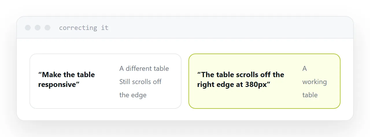 Two correction requests and the difference in what comes back.