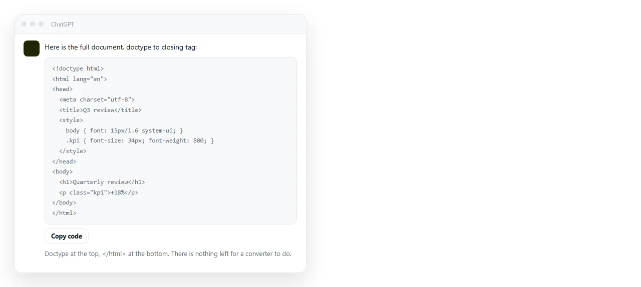 A chat answer with a full HTML document inside one code block, from doctype to closing tag.