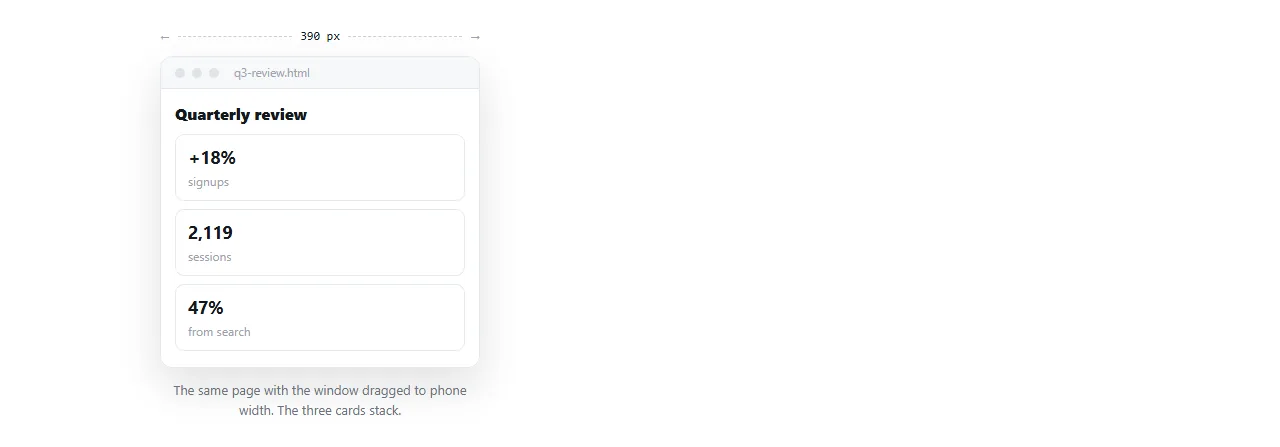 The same page with the browser window dragged to phone width, columns stacked.