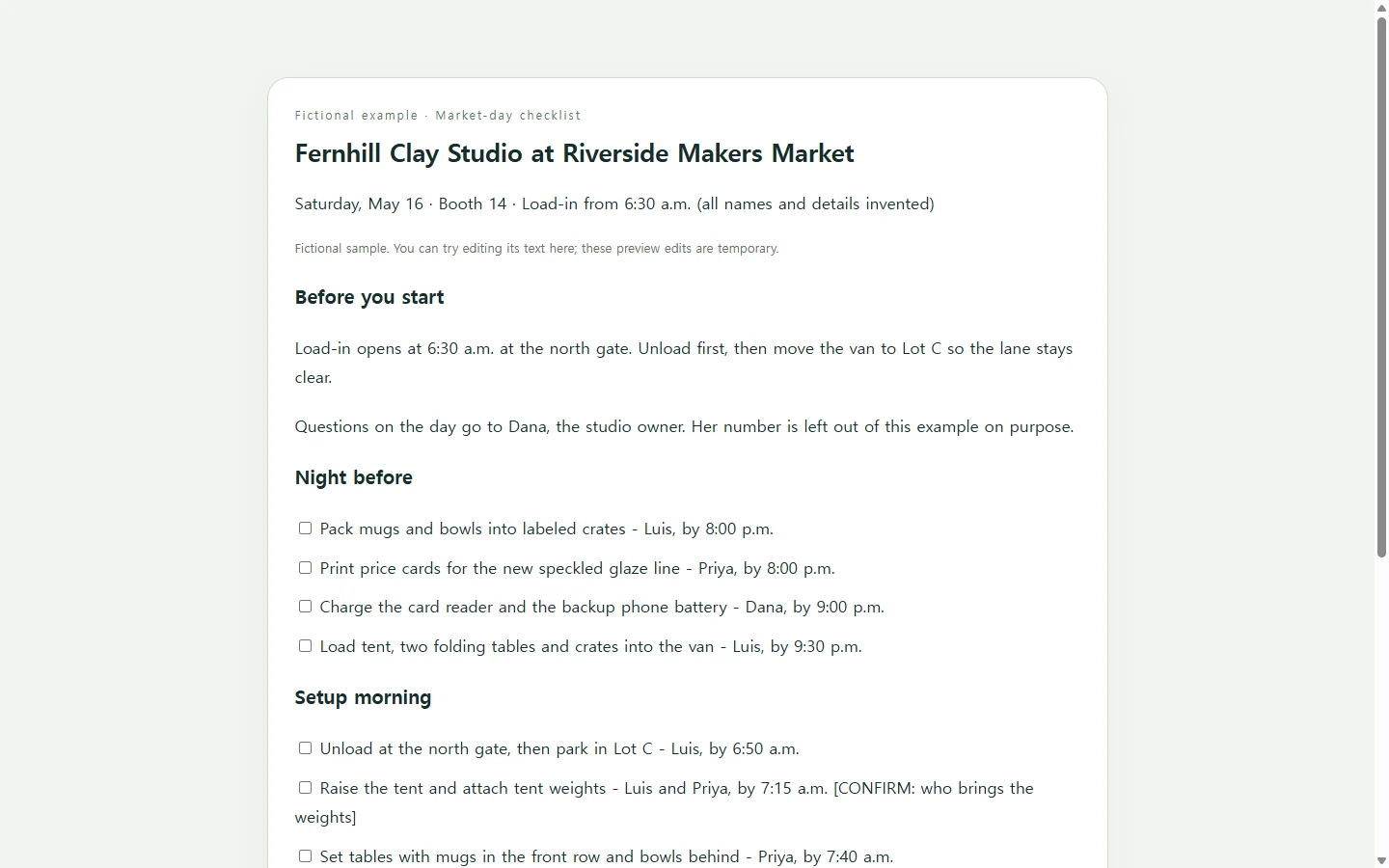 Fernhill Clay Studio at Riverside Makers Market — fictional sample