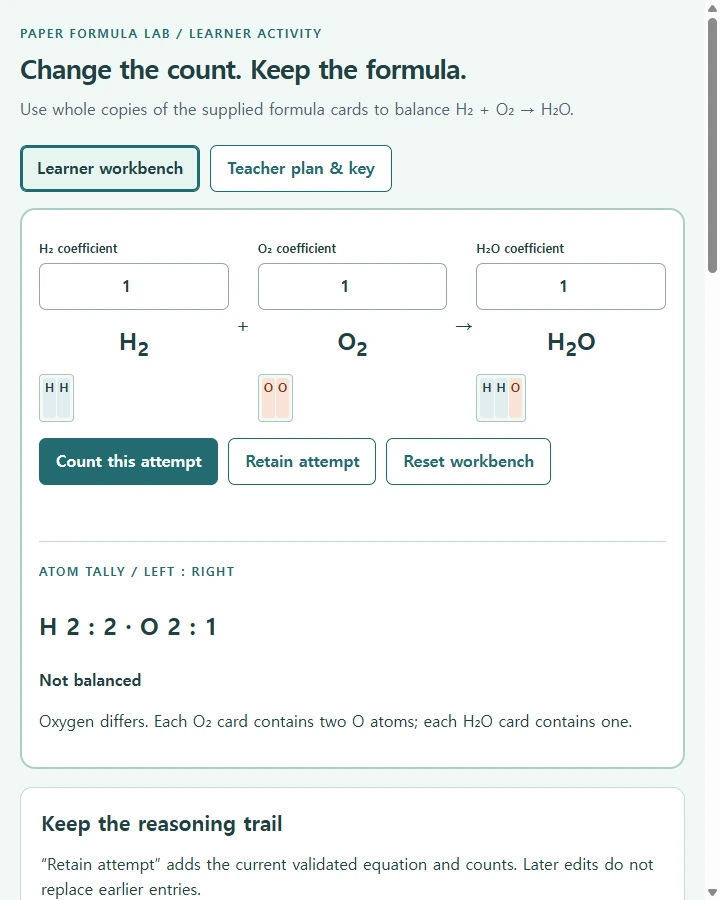 Formula cards • chemistry balancing lesson — Have learners count each element on both sides of a supplied equation, change coefficients while retaining substance formulas, and explain…