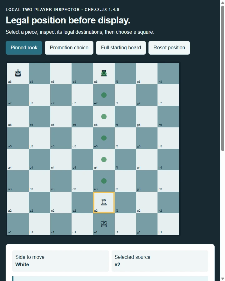 Chess · legal move inspector — Separate an eight-by-eight board view from legal-move state and reject moves that expose the moving side's king.