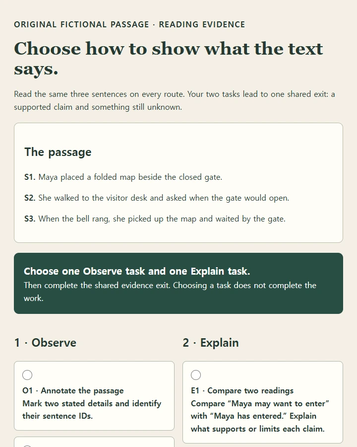Six task choices, one task from each group and a shared evidence exit