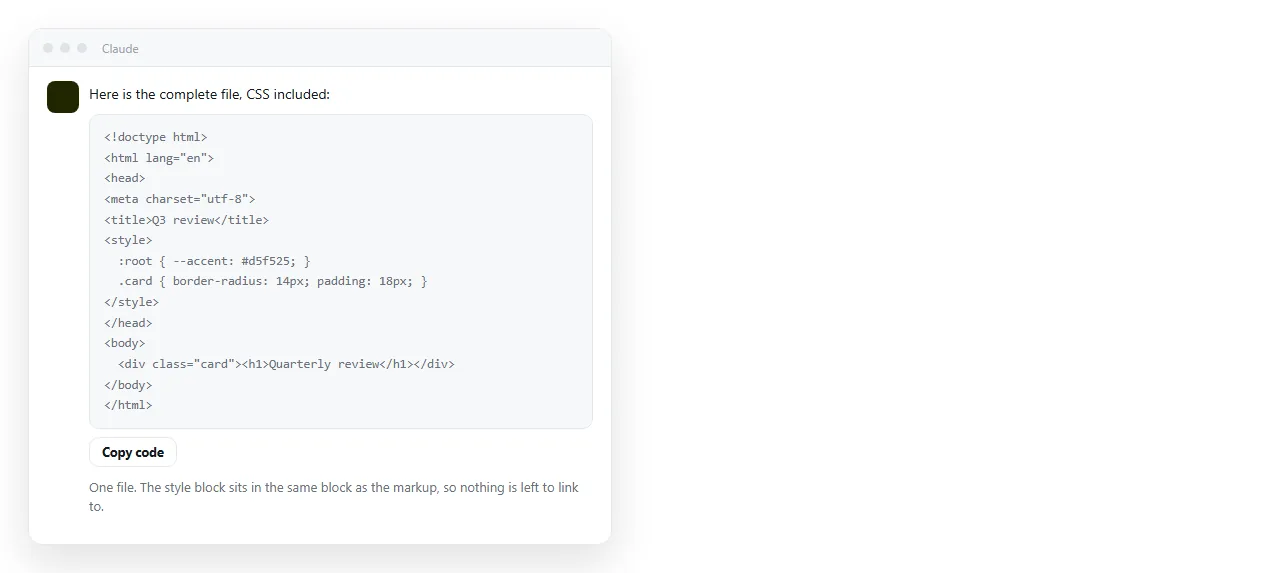 Claude returning a complete HTML file in the chat, with the CSS inside the same block.