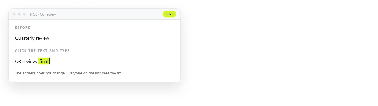 Correcting a heading by clicking the text in the document. The address does not change.