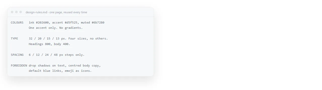 A one page rules file holding colours, type sizes, spacing steps and forbidden defaults.