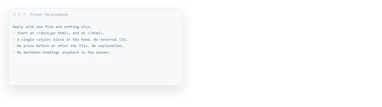 A prompt that names the file boundaries: doctype, single file, CSS in a style tag, no prose around it.
