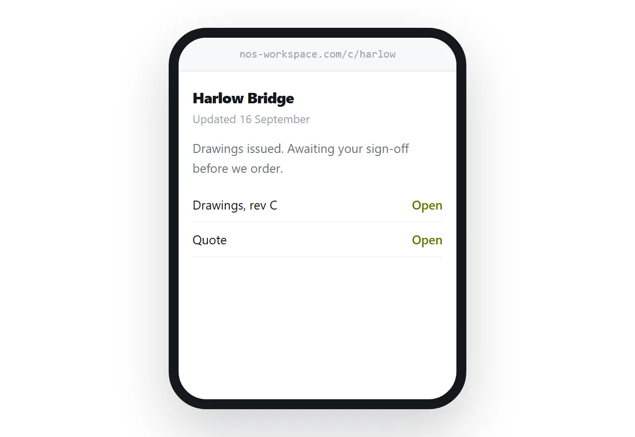 A client page showing the current stage, one outstanding item and a document list.