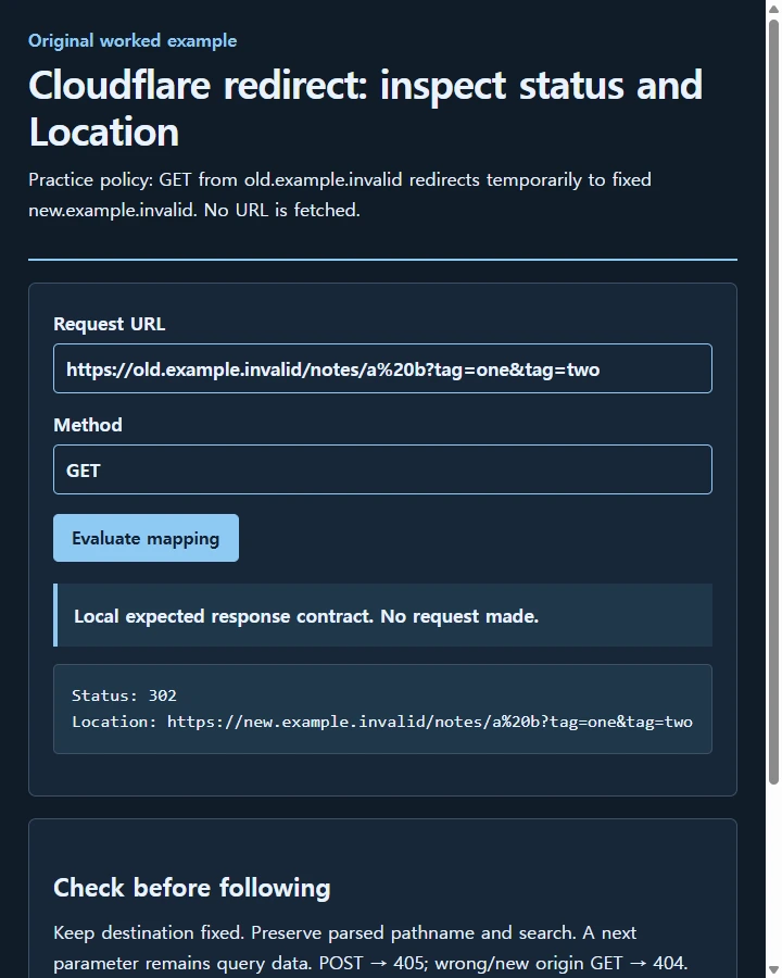 Cloudflare redirect: inspect status and Location