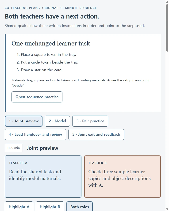 Two teachers • one instruction sequence — Prepare a phase-by-phase TeacherA/TeacherB responsibility map with shared objective, observation focus, explicit lead handover and joint…