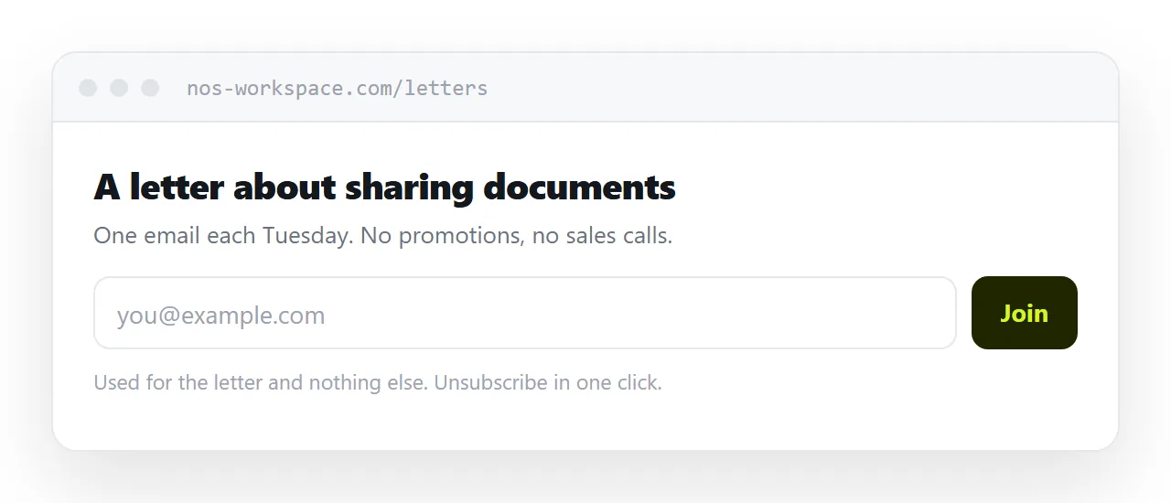 A signup form with one field and a line stating frequency and content.
