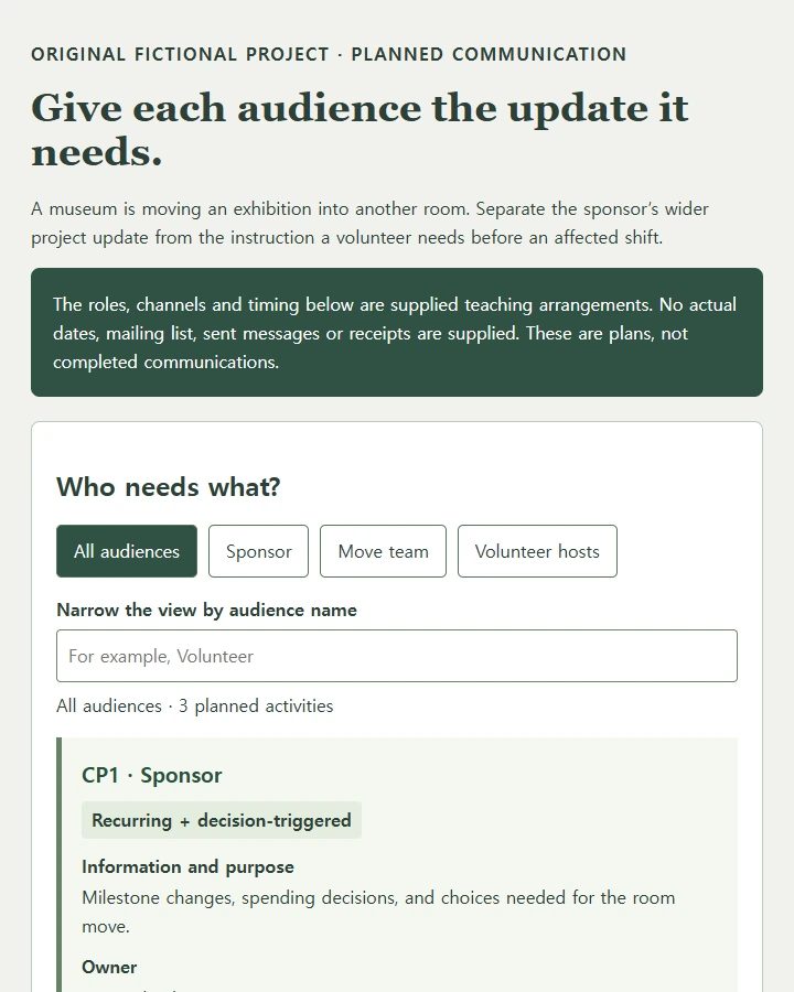 A fictional exhibition-move communication plan with audience filters and recurring versus triggered updates