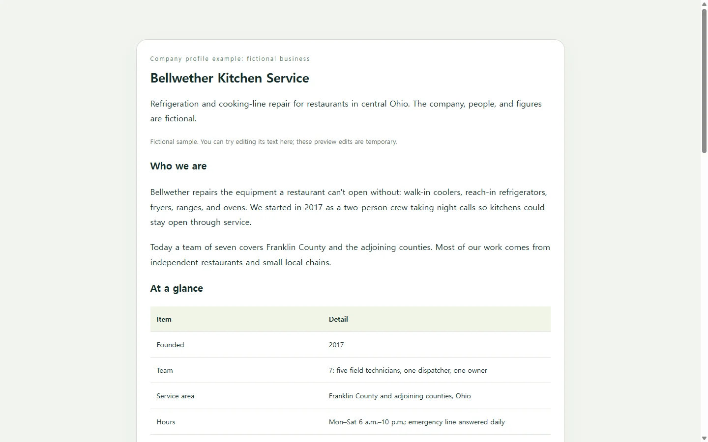 Bellwether Kitchen Service — fictional sample