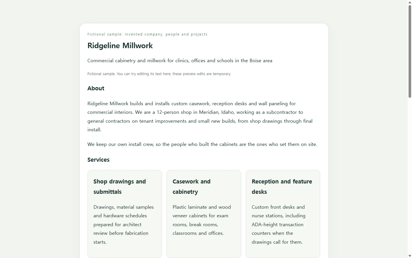 Ridgeline Millwork — fictional sample