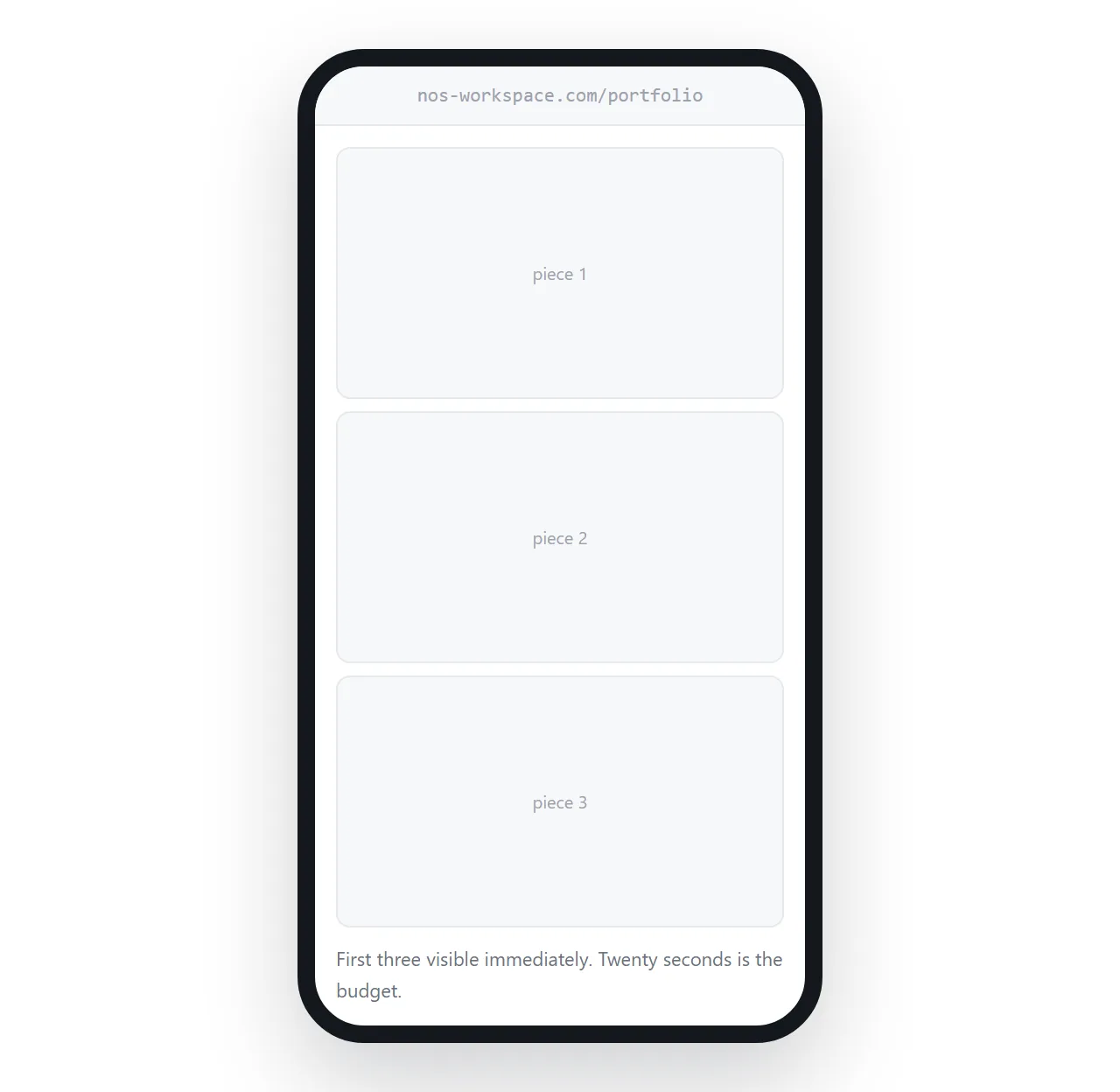 A portfolio on a phone with the first three pieces visible and loading immediately.