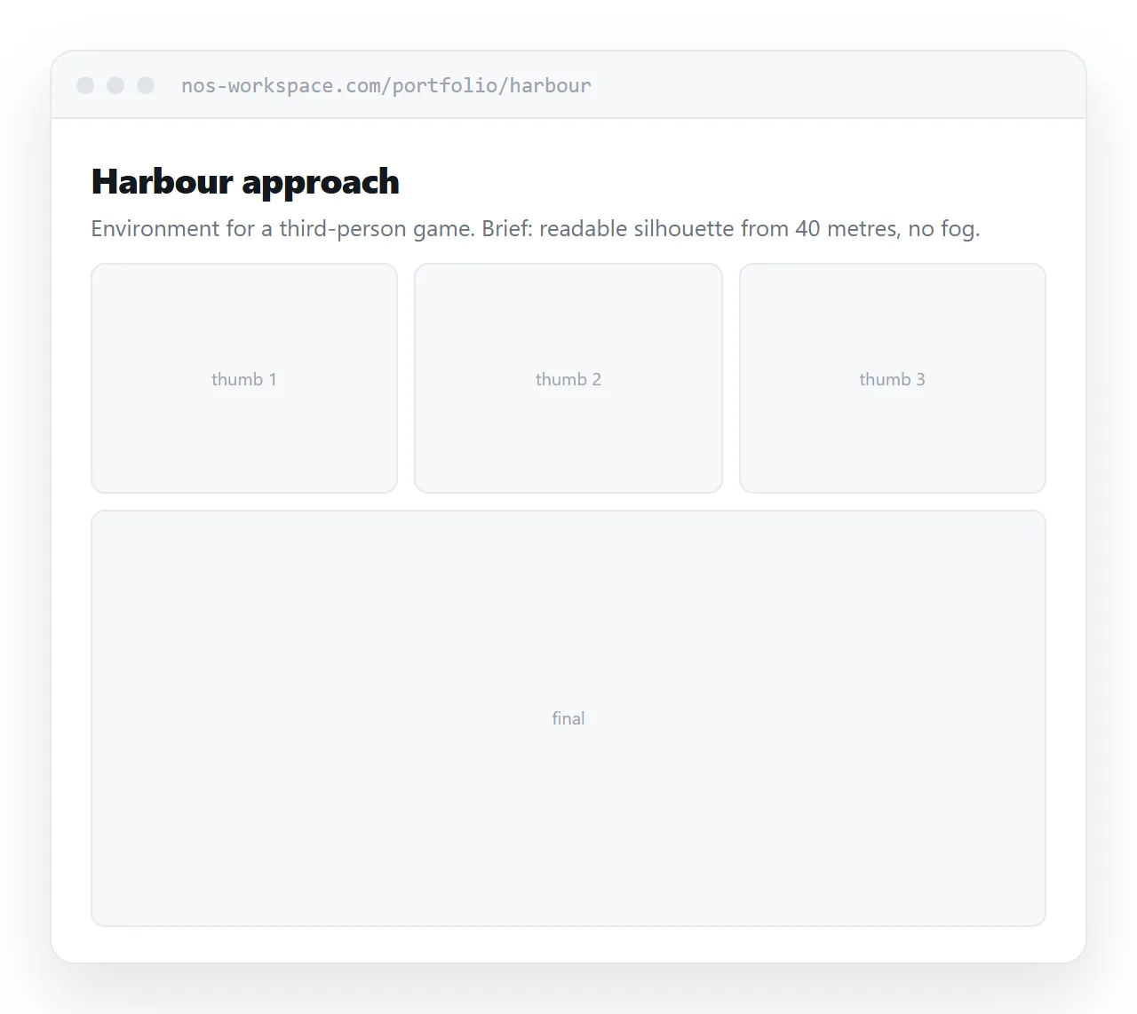 A piece shown with three process thumbnails and a line describing the brief.