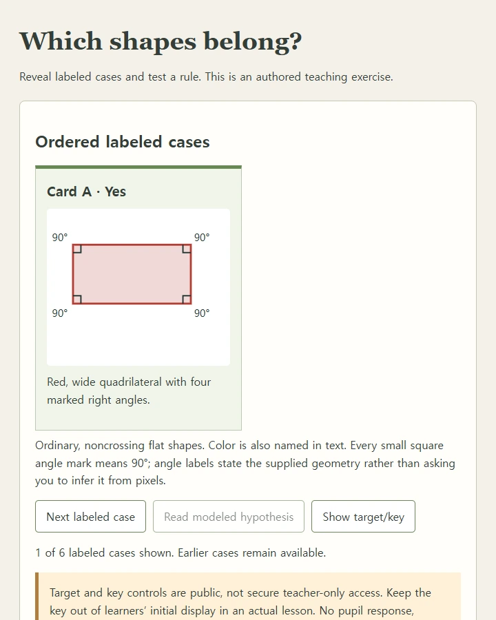 An ordered shape sequence with a diagnostic blue example, separate learner hypothesis, and transfer cases