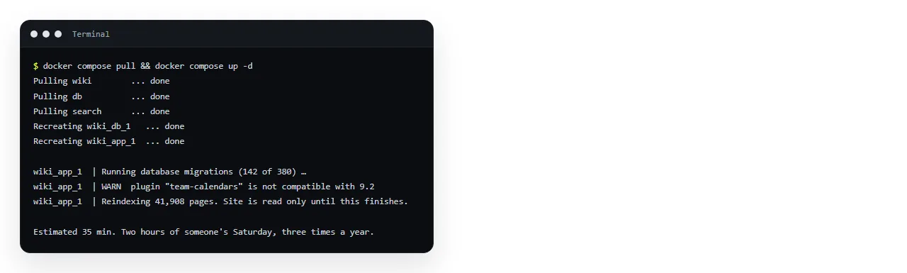 A terminal running a container upgrade for a self hosted wiki.