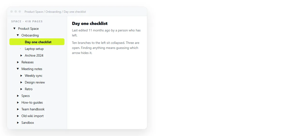 A wiki space sidebar with a deep page tree, most branches collapsed.