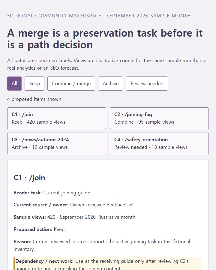 Inspect four content recommendations and the information to preserve before a merge