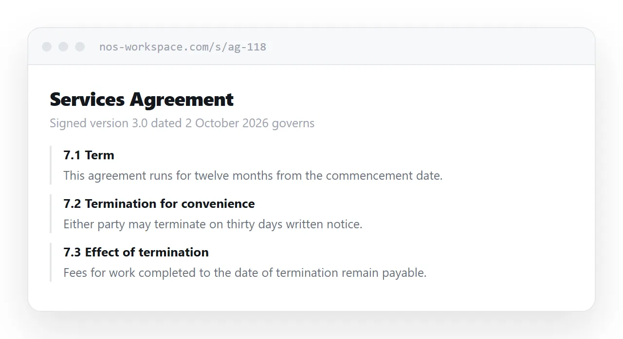 A contract open in a browser. Numbered clauses with a contents list down the side.