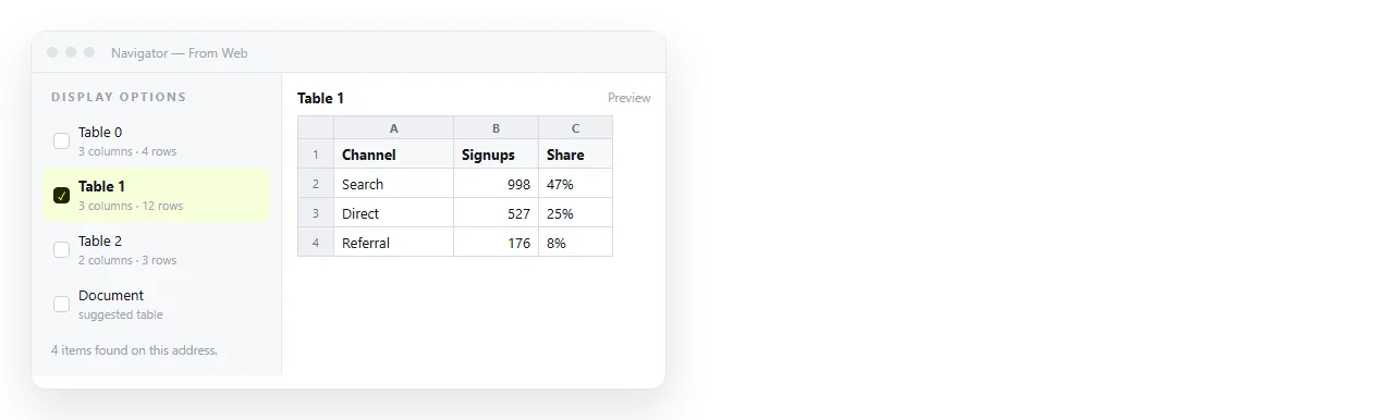 The From Web navigator listing the tables found on a page, with one selected for preview.