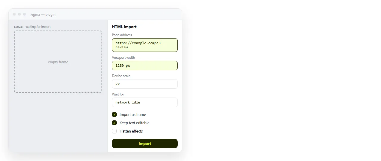 An import plugin panel with a page address entered and the viewport width set.
