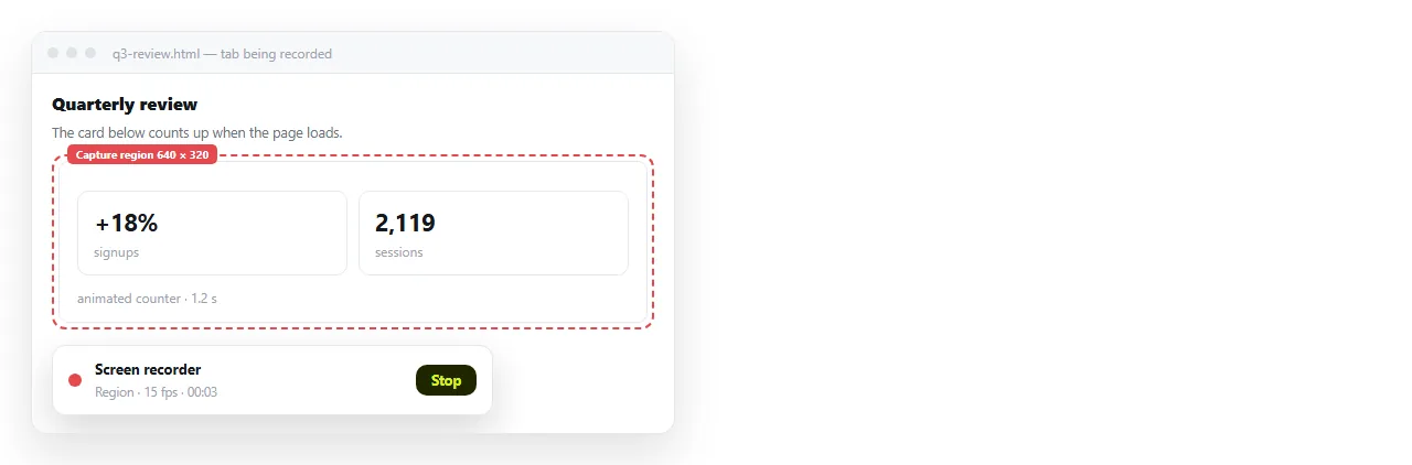 A screen recorder window framed over a browser tab, with the capture region drawn around the animated card.