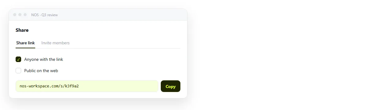 The share panel with the link created and Public on the web left unticked.