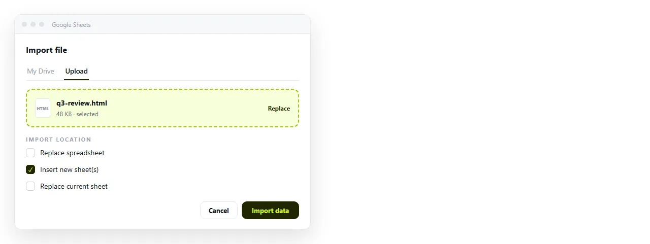 The Google Sheets import dialog with an .html file selected.