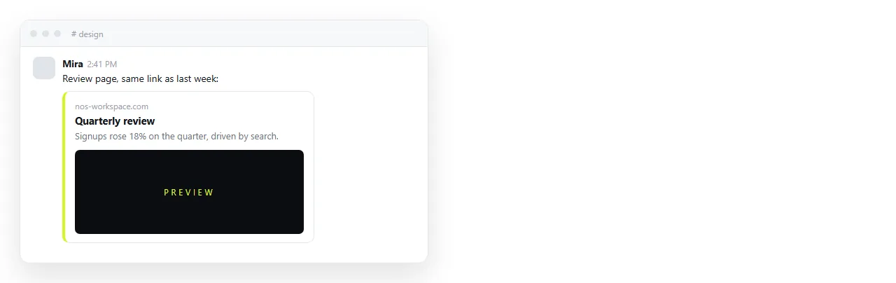 A NOS document link pasted into a chat channel, unfurled into a preview card with a title and image.