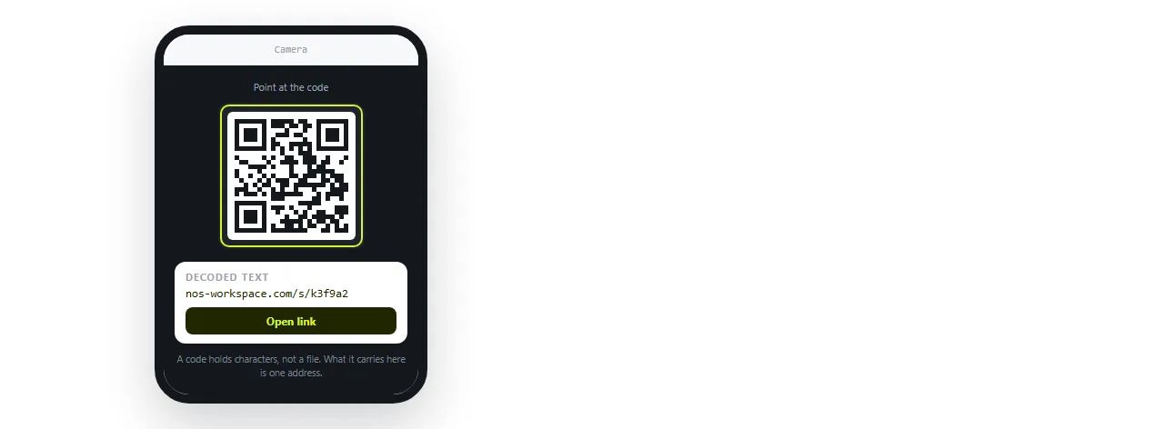 A phone camera reading a QR code. What it decodes is a line of text, in this case an address.